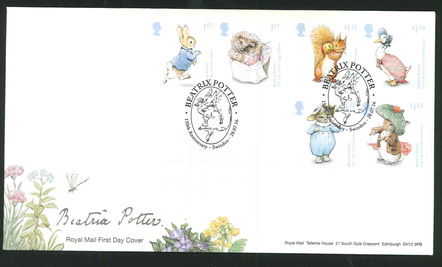 2016 - Beatrix Potter First Day Cover, 150th Anniversary Swindon Postmark